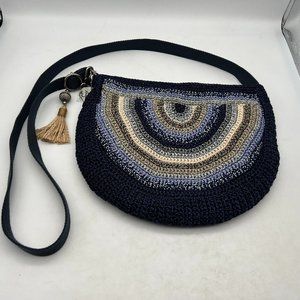 The Sak Crochet Crossbody Blue Gray Striped Half Moon Bag Purse Shoulder Handbag